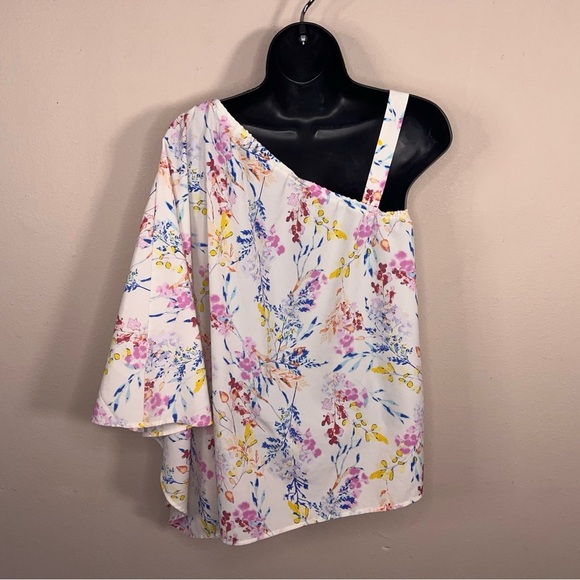 Small Y2K Era Cato Floral Blouse Top One Shoulder Asymmetrical White Pink Blue - Picture 7 of 14